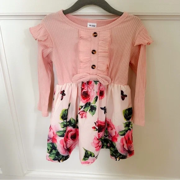Toddler Girl Floral Print Long Sleeve Dress, Size 18-24 Months, Great Condition! - Picture 2 of 6
